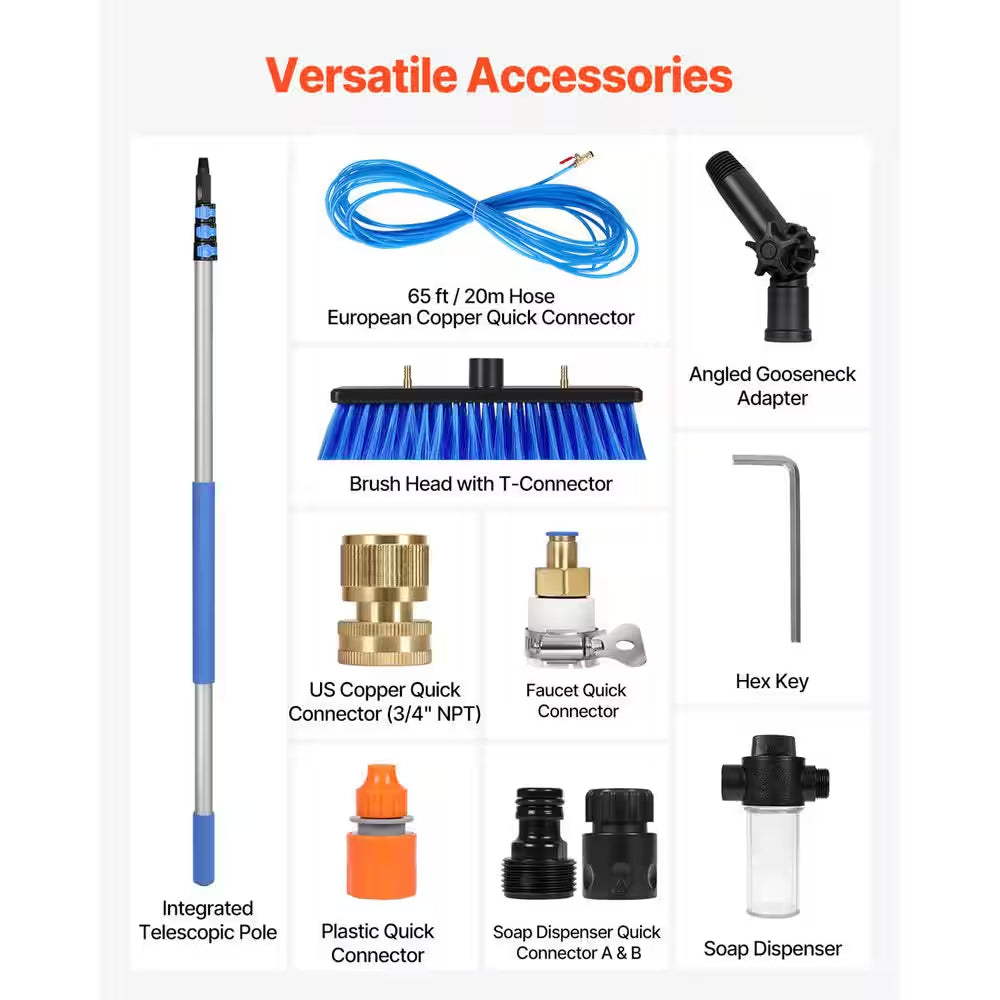 20 Ft. Water Fed Pole Kit, Extendable Solar Panel Cleaning Pole, 180° Rotatable Brush and 65.6 Ft. Hose, Window Cleaner