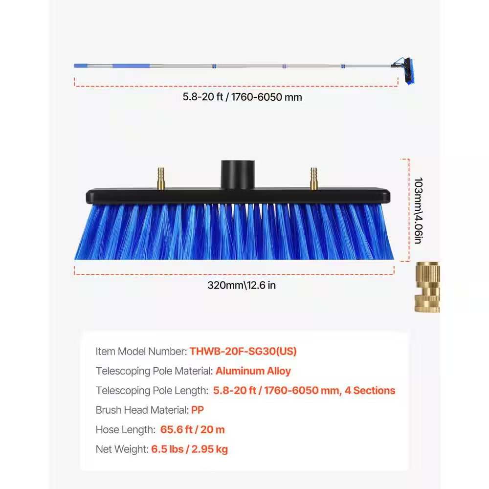 20 Ft. Water Fed Pole Kit, Extendable Solar Panel Cleaning Pole, 180° Rotatable Brush and 65.6 Ft. Hose, Window Cleaner